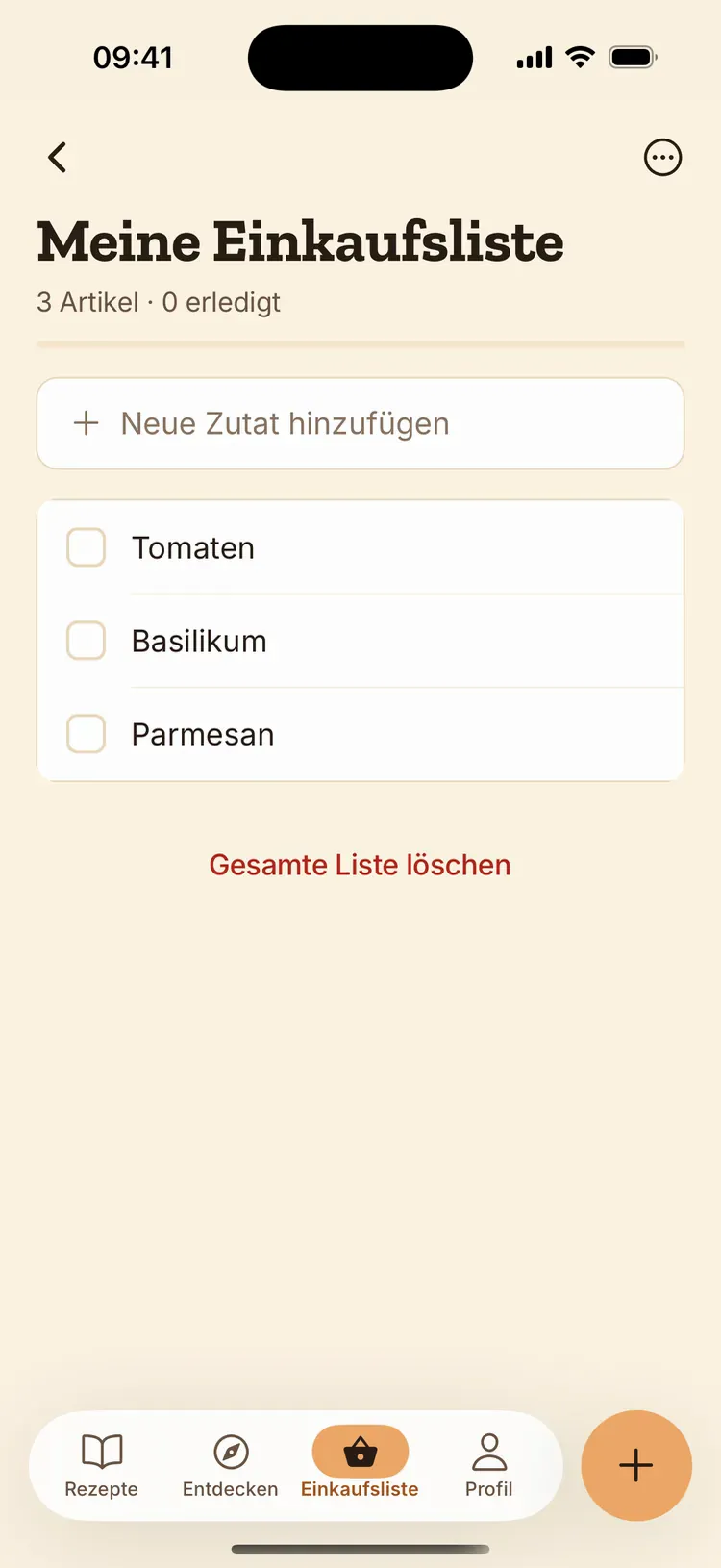 Einkaufsliste in Rezept Tresor mit Tomaten, Basilikum und Parmesan